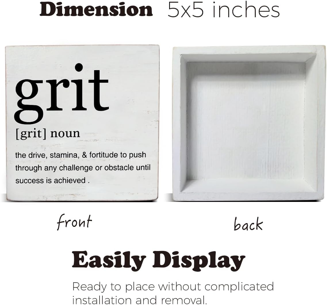 Inspirational Grit Definition Art Wooden Box Sign Grit Minimalist Desk Decorative Wooden Sign Home Office Decor for Table Shelf 5 x 5 Inches