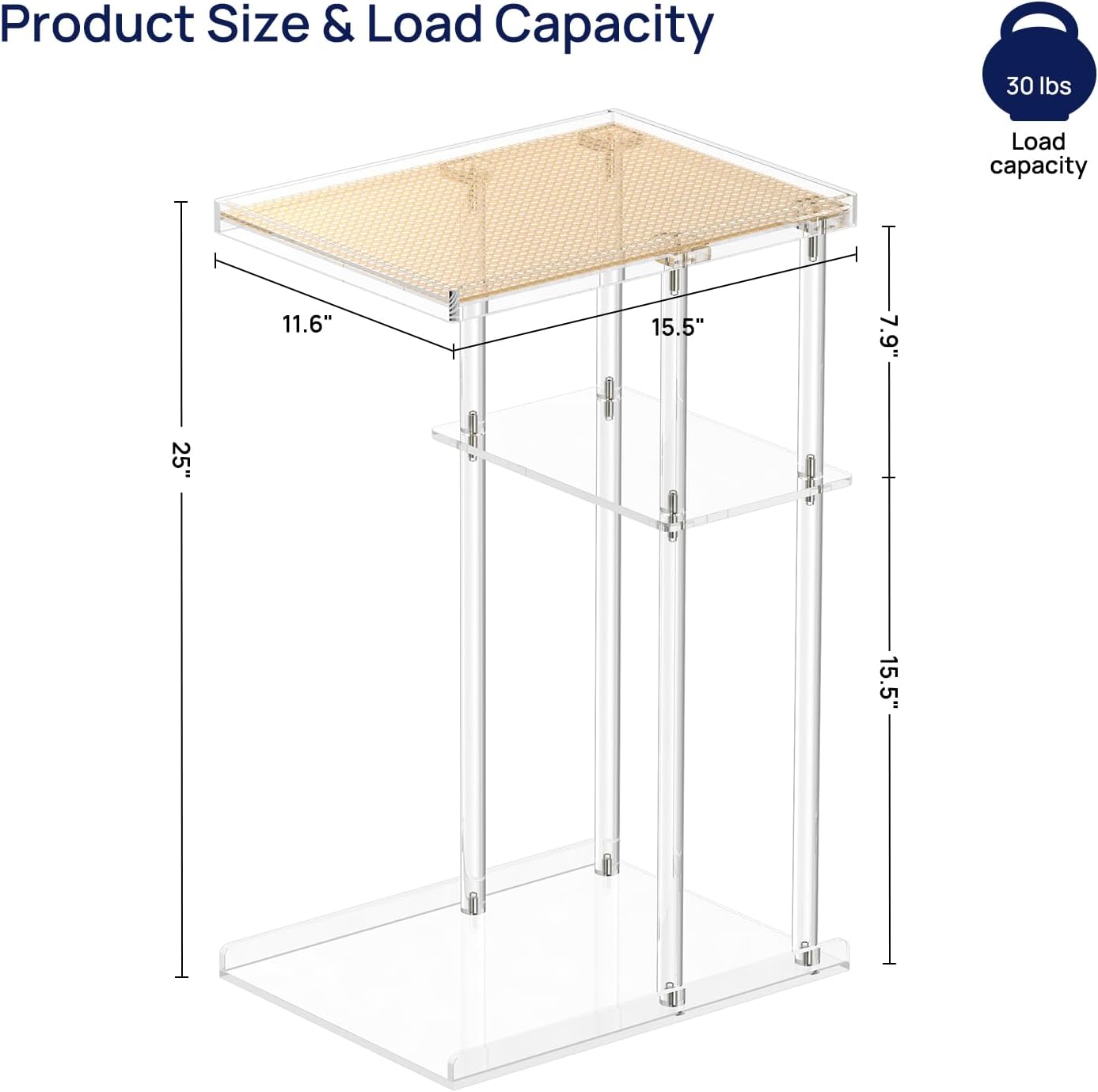 HMYHUM 3-Tier Acrylic Rattan Side Table for Small Spaces, Clear C Shaped End Table for Couch, Living Room, Bedroom, 15.5''L x 11.6''W x 25''H, Modern