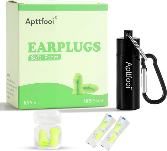 10 Pair Soft Foam Earplugs,34dB Highest NRR, Noise Cancelling，Individually Wrapped,Reusable for Sleeping, Snoring, Loud Noise, Traveling, Concerts, Studying,Work,Construction, Shooting