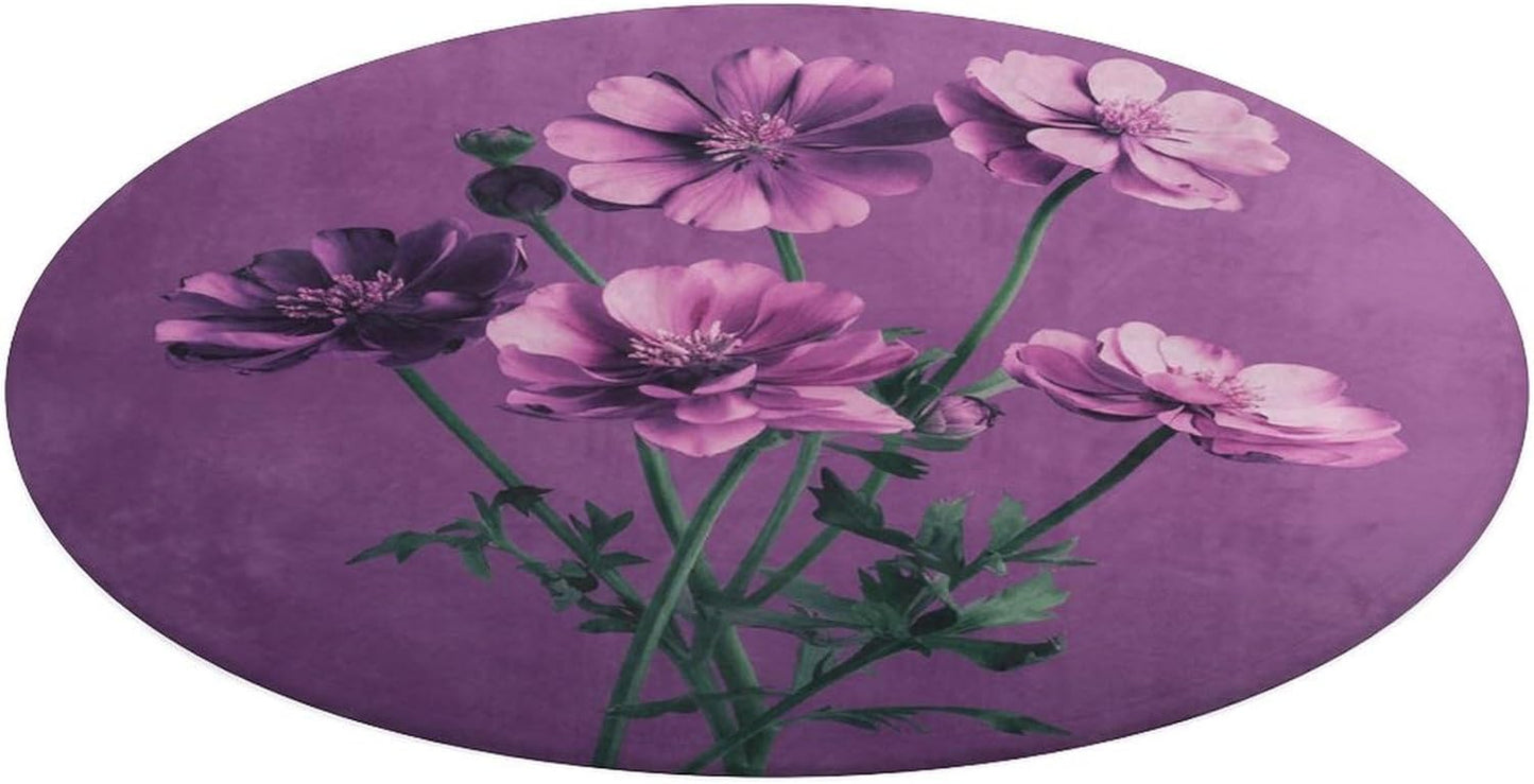 Beautiful Purple Flowers Circle Rug Retro Luxury Coral Velvet Floor Mat Non Slip Soft Indoor Floor Carpet Comfy Thickened Area Rugs Modern Aesthetic Minimalist Carpets for Home Decor