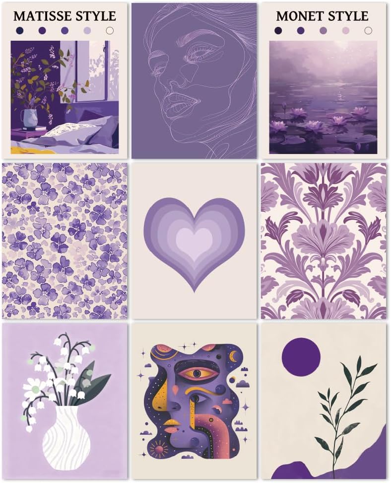 CRAFTYMELODY Matisse Theme Wall Art Prints Set of 9 Purple Theme Poster Wall Decor Monet Purple Flower Home Artworks for Gallery Living Dining Room Bedroom Bathroom Home Decoration 8x10 Inch Unframed