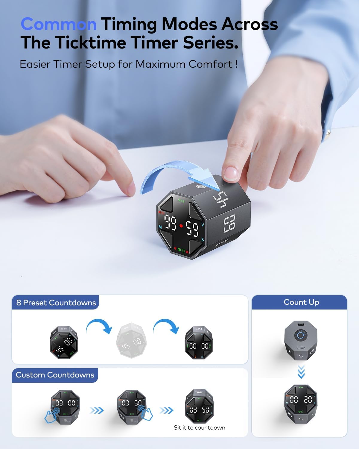 Pomodoro Timer Cube, Custom Pomodoro, Pause & Resume, Silent, Vibrate & Adjustable Sound Alert, for ADHD, Task, Work, Study, 3/5/10/15/30/45/60min & Custom Countdown,Gray