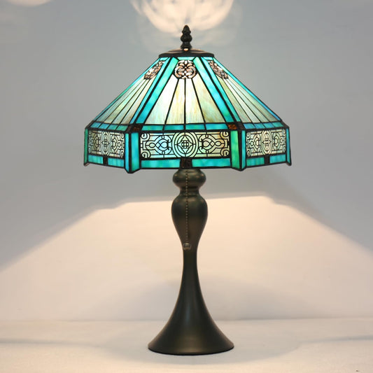 Tiffany Style Table Lamp, Stained Glass Lamp, 12x12x19 Inch, Vintage Metal Base Desk Light,（Green）