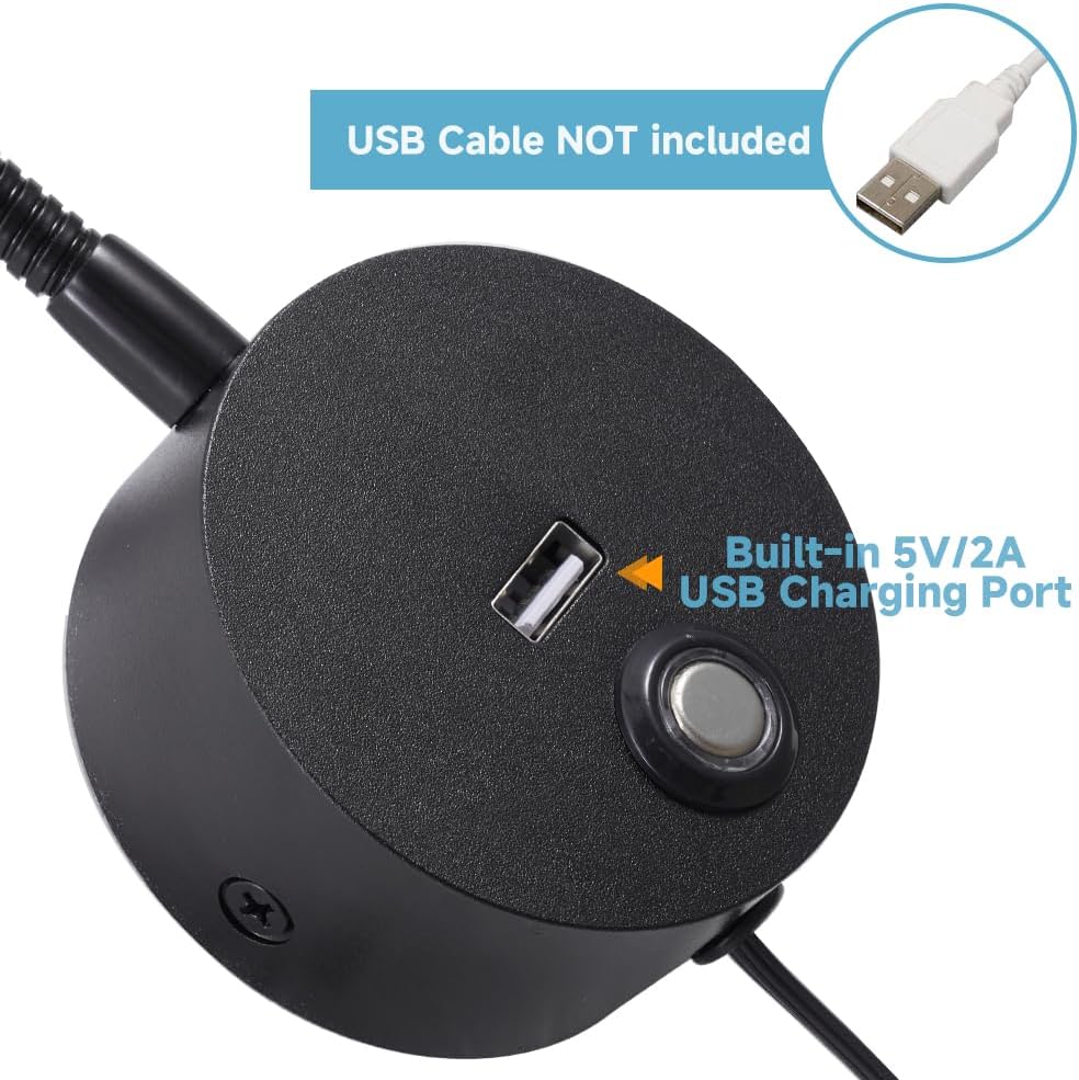 Dimmable Wall Mounted Reading Light with USB Charging Port, Plug-in LED Headboard Reading Light, Bedside Spot Wall Lamps with Flexible Gooseneck, Black Finished