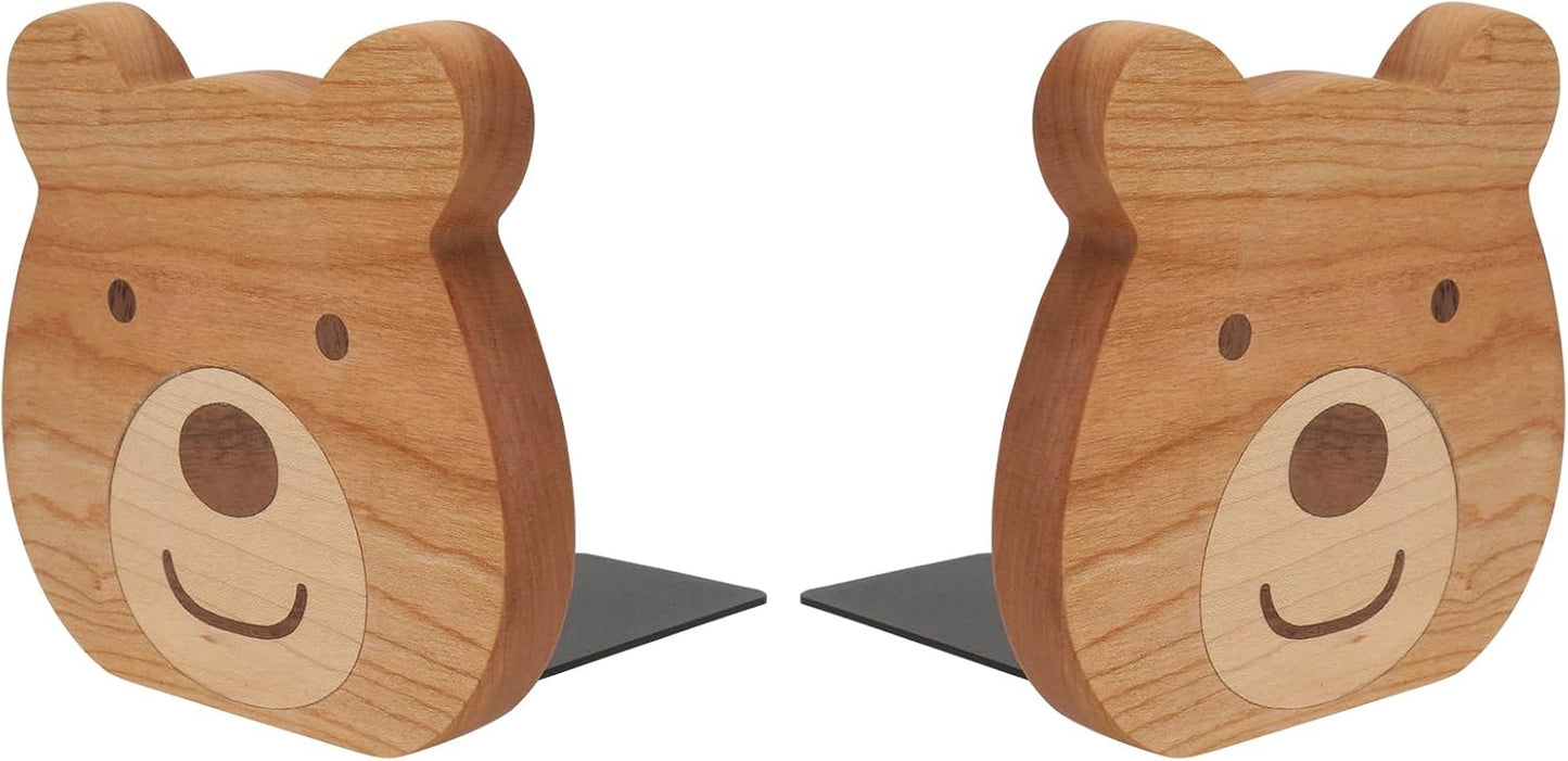 Cabilock 2 Pieces Book Stoppers: Wooden Bear Bookends for Shelves - Metal Base Non-Skid Book Ends for Bookshelf Decoration Home Office School Supplies