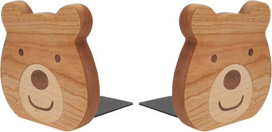 Cabilock 2 Pieces Book Stoppers: Wooden Bear Bookends for Shelves - Metal Base Non-Skid Book Ends for Bookshelf Decoration Home Office School Supplies