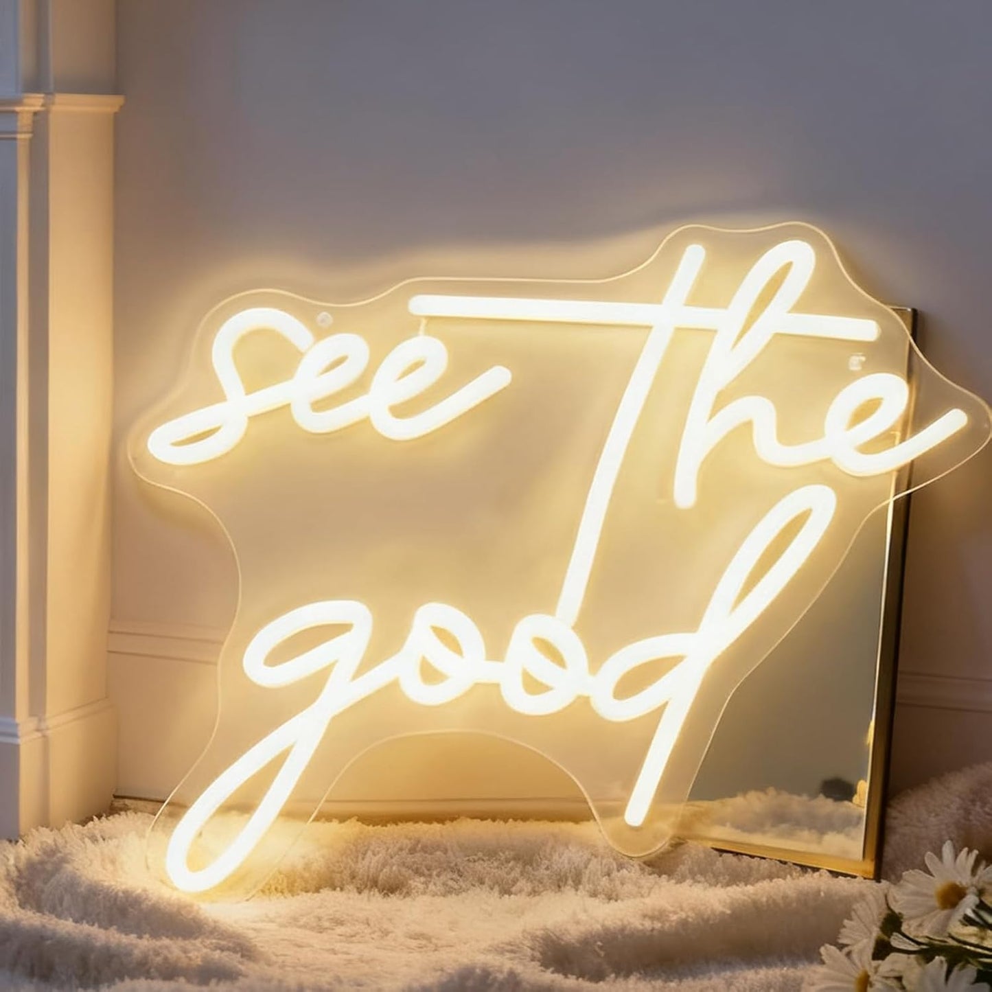 See the Good Neon Sign, Inspirational Quote White LED Neon Light, USB Powered Decorative Light for Home Bedroom Living Room Office Wall Table Decor 9.1 x 16.9 In