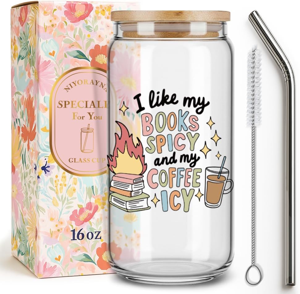 Funny Spicy Book Lover Gifts for Women,Men,Friends,Glass Cup with Lids and Straws,Bookish Gifts for Reader Libriran I Like My Books Spicy & My Coffee Icy Book Mugs Gift for Birthday Christmas -54