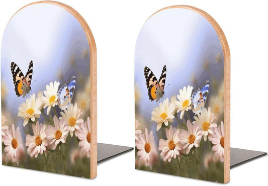 Butterfly Daisy Bookends 1 Pair Heavy Duty Book Ends for Shelves Non-Skid Bookend Supports Wooden Book Holders with Metal Base Desk Organizers Books Storage to Hold Books