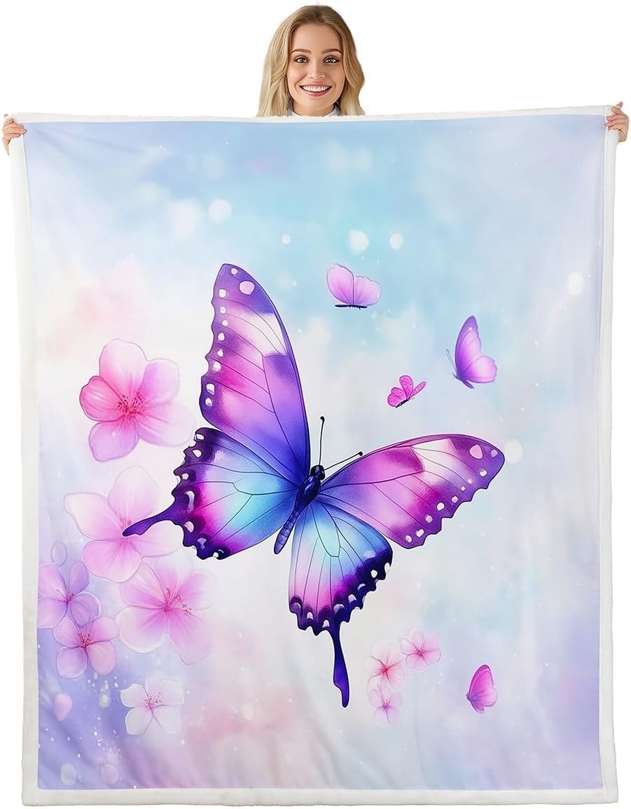 Feelyou Purple Blue Butterfly Fleece Throw Blanket Twin 60"x80" Kids Girls Sherpa Blanket Plush Fuzzy for Bed Couch Chair Living Room, Floral Flower Bed Blanket Cute Watercolor Room Decor