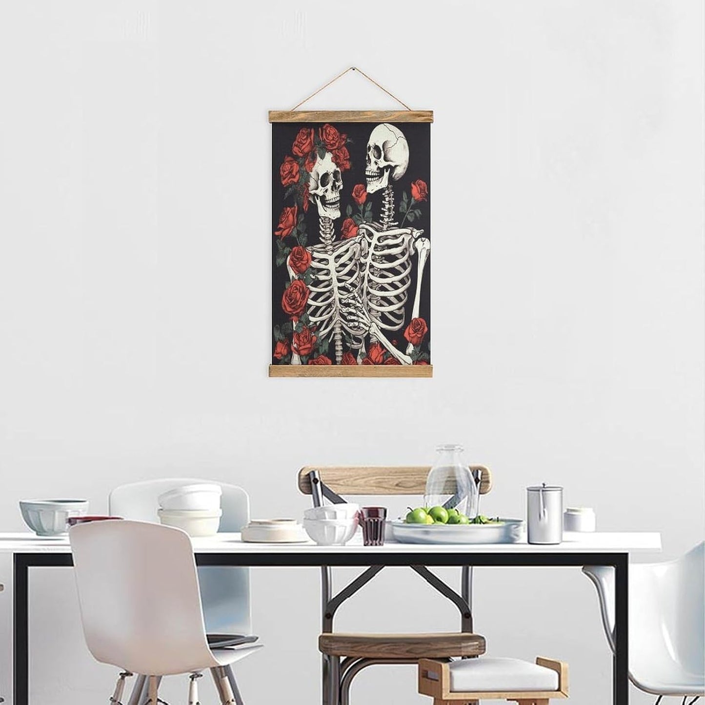 Vintage Rose And Skeleton Poster with Wooden Frame Personalized Linen Hanging Scroll Painting Rustic Wall Hanging Illustrative Modern Artwork Decor for Home Living Room Bedroom Office