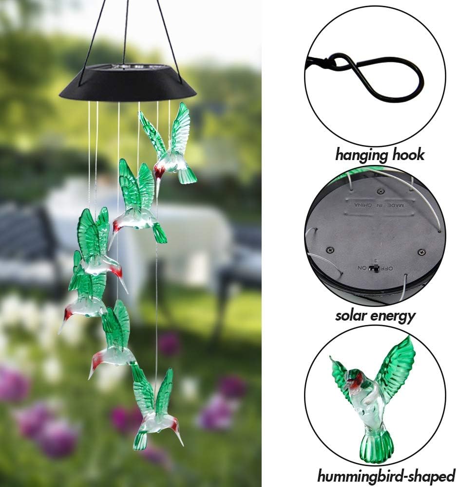 MorTime LED Solar Hummingbird Wind Chime, 25" Mobile Hanging Wind Chime for Home Garden Decoration, Automatic Light Changing Color(Hummingbird)