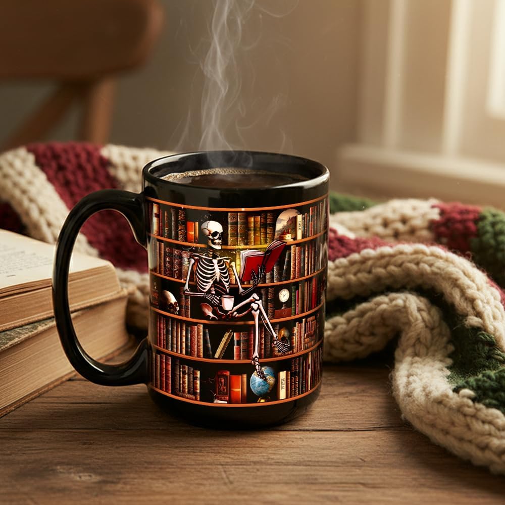 Funny Book Mug Gifts for Lovers - Just One More Chapter Coffee Mug 15oz, Bookish Gifts for Women Men, Skull Bookshelf Coffee Mugs, Birthday Bookworm Librarian Book Club Gift