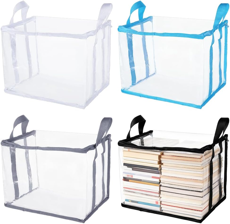 AHANDMAKER 4Pcs Book Storage Bags Clear PVC Comic Organizer Box Case 12.6x9.8x9.4in Heavy Duty Game DVD Holder for Room Library Shelf Display Moving Storage Home Office Organization