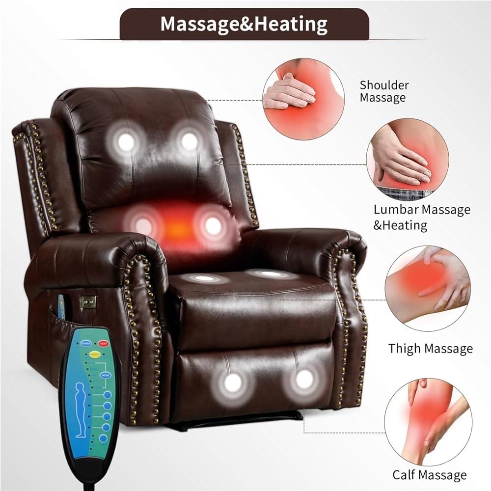 Power Lift Recliner Chair with Massage and Heat Electric Recliner Sofa with USB Ports Overstuffed Comfort Faux Leather Upholstery Caramel Brown Living Room Furniture