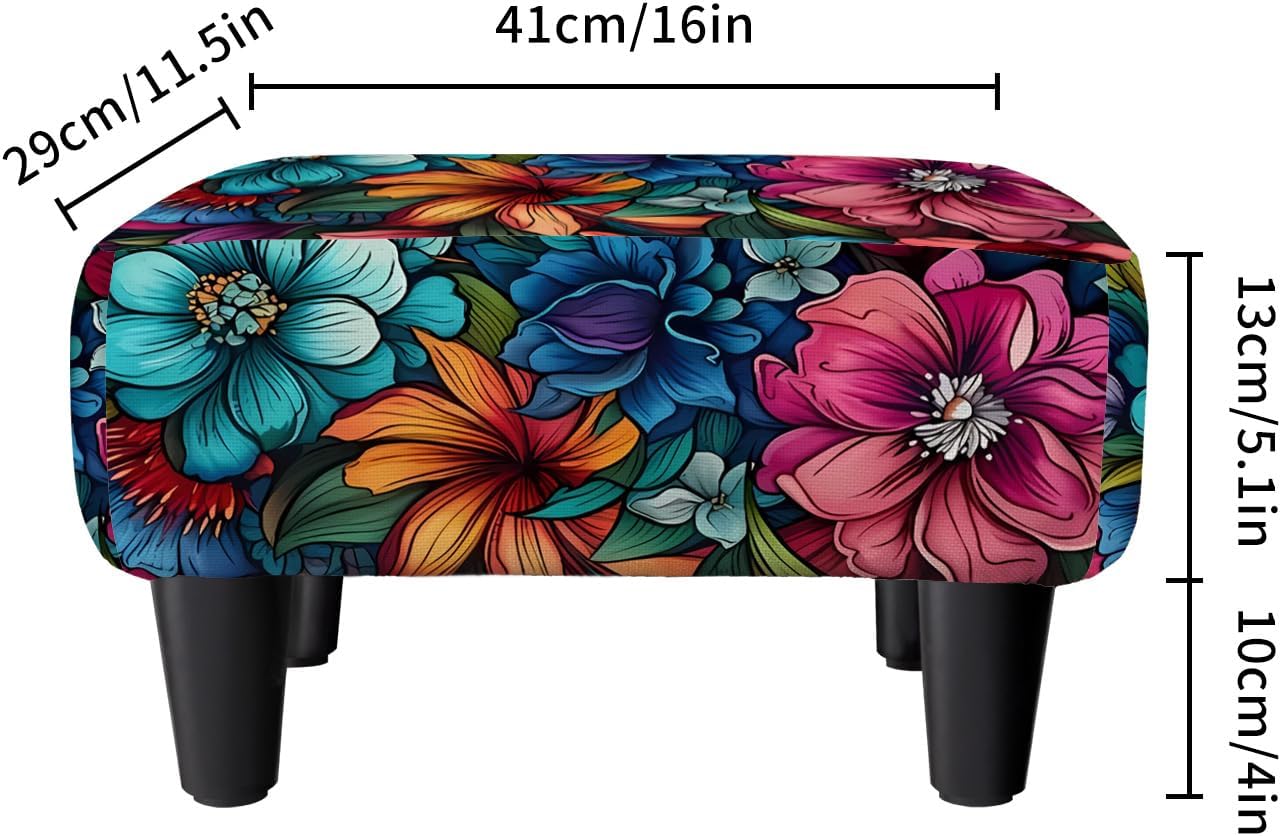 Foot Stool Linen Ottoman Foot Rest Small Footstool with Legs Vintage Floral Extra Seating for Living Room Bedroom, Flower