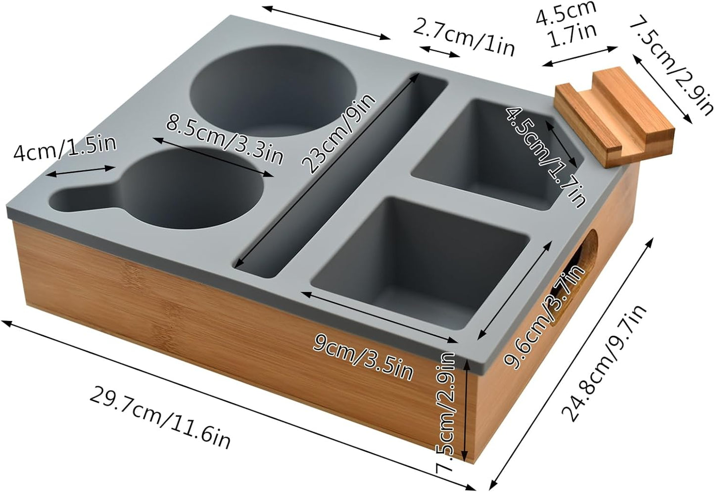 Couch Cup Holder with Sturdy Bamboo Bottom Tray and Anti-Spill Washable Silicone Liner for Eating on Couch or Bed, TV-Watching Food Snack Trays with Drinks Cup Holder TV Remote Holder (Grey)