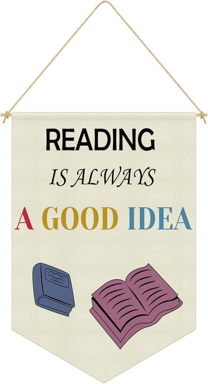 Reading Corner Decor Canvas Banner Kids Reading Decor Classroom Library Playroom Wall Art Decors Hanging Pennant Flag Banner for Nursery Toddler Kindergarten Kids Room Wall Decors