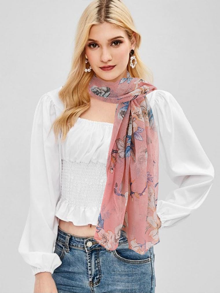 GERINLY Lightweight Scarves Fashion Flowers Print Women Cotton Wrap Scarf Head Shawl Spring Gift