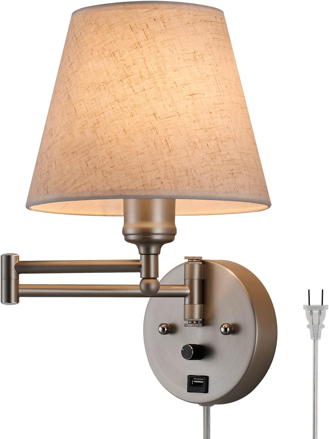 Swing Arm Wall Lamp Wall Mount Lamp with Cord Plug in Wall Sconce Lighting with Dimmable On Off Switch Wall Light with USB Port Plug in Wall Lamp for Bedroom Reading Satin Nickel Finish