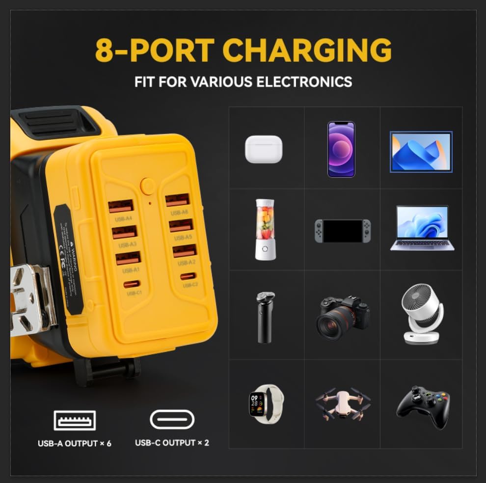 Portable USB Charger Adapter for Dewalt 20V Battery, Power Converter with 8 Ports USB-A & Type-C for Workshop Camping Travel Job Site (Battery Not Included