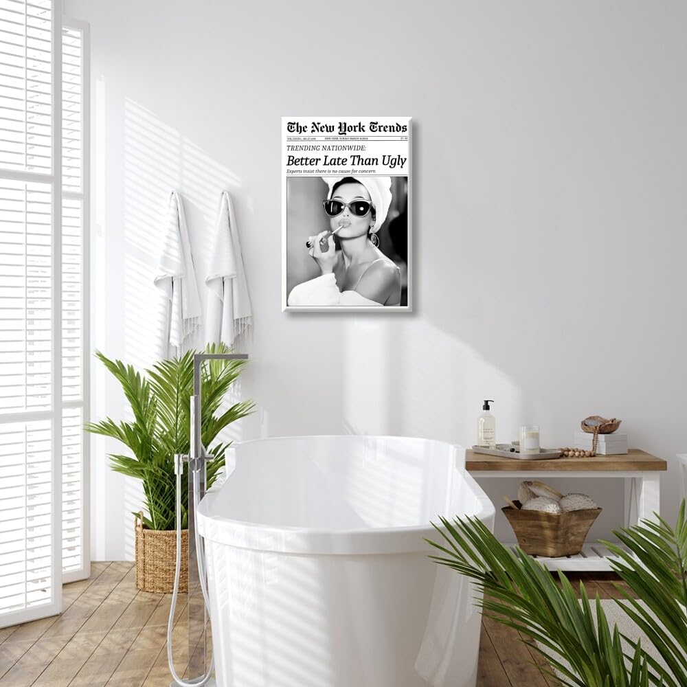 Vintage Newspaper Wall Art Black and White Canvas Prints Better Late Than Ugly Funky Feminist Poster Trendy Preppy Aesthetic Wall Decor for Girly Dorm Room Bathroom 8x12inch Unframed