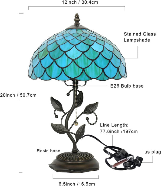 Tiffany Table Lamp, Stained Glass Lamp, 12x12x19 Inch, Metal Leaf Base Decor Lamp for Bedroom、Living Room、Home、Office(Blue Green Fish Scale Style)