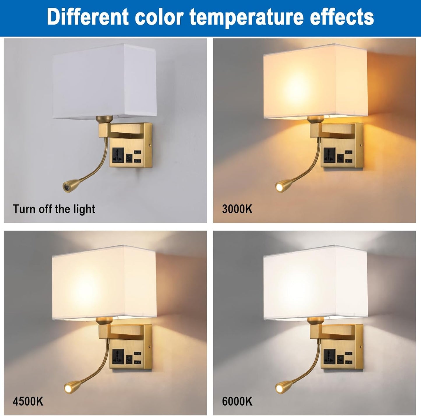 Wall Lamp for Bedroom Living Room Office Hotel, Plug in Wall Sconce with AC Outlet & USB Charging Port, Wall Mount Reading Light 360°Adjustable, Gold Headboard Lamp With 3 Color Temperature