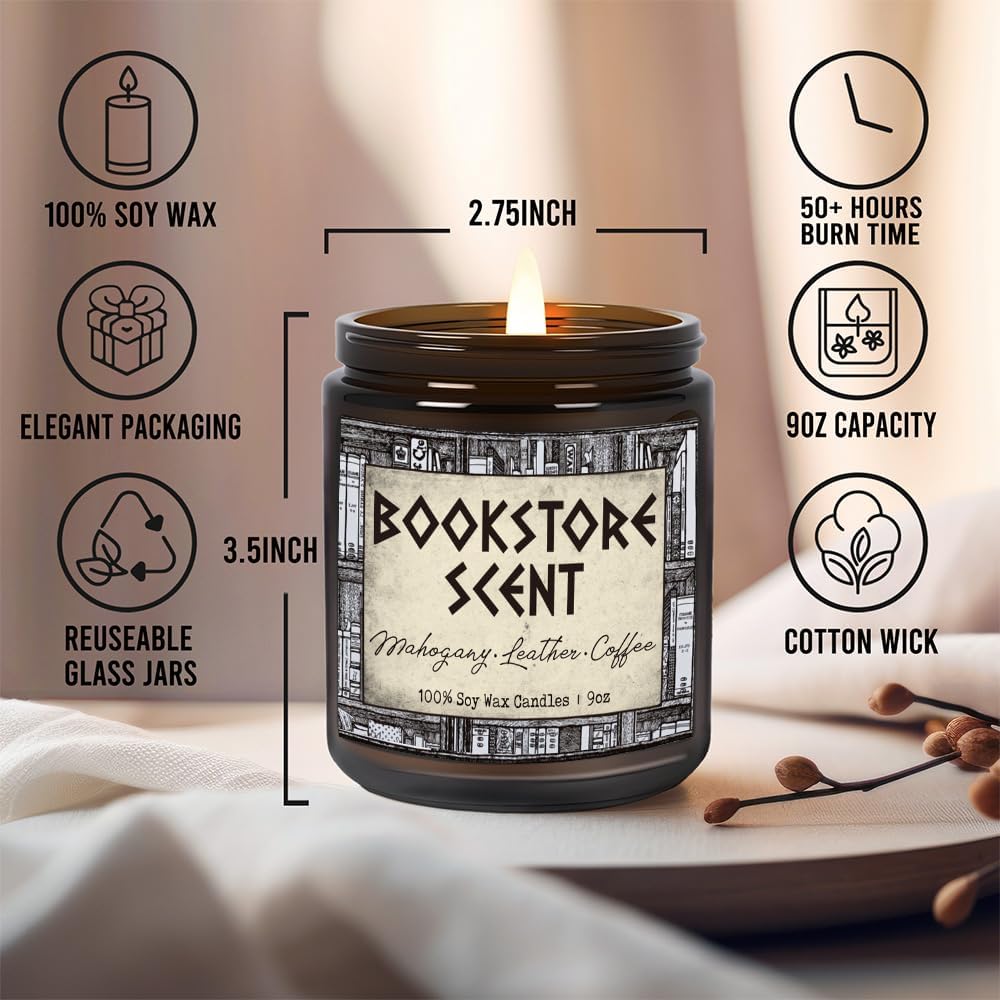 Book Lover Candle, Inspired Gift for Readers, Birthday, Book Themed Reading Gifts for Women, Bookworm, Librarian, Men, Bookstore Scent Mahogany Leather Coffee Scent Candle 9OZ