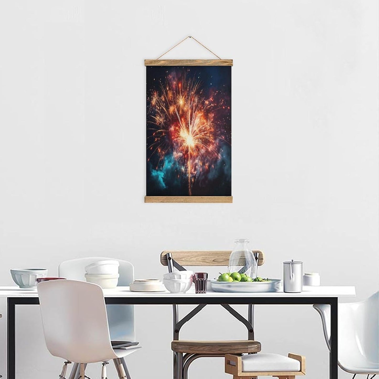 Vintage Explosion Firework Poster with Wooden Frame Personalized Linen Hanging Scroll Painting Rustic Wall Hanging Illustrative Modern Artwork Decor for Home Living Room Bedroom Office