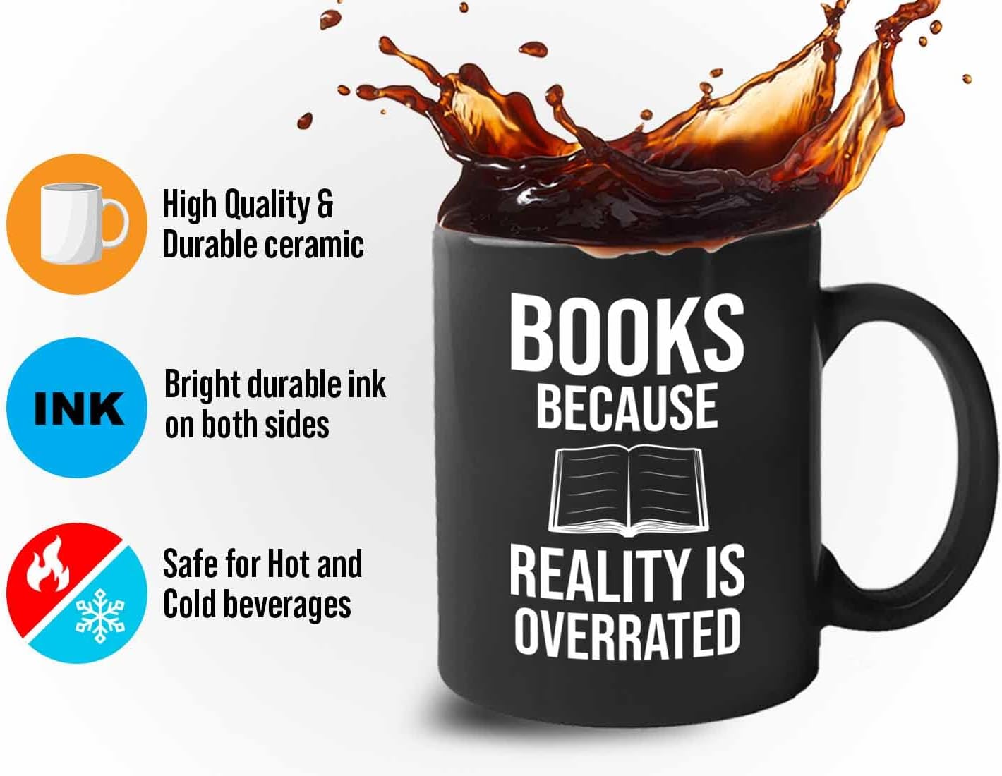 Bubble Hugs Writer Coffee Mug 11oz Black - Books Because Reality is Overrated - Reading Book Lover for Bookworm Bibliophile Librarians Author Readers Bookish