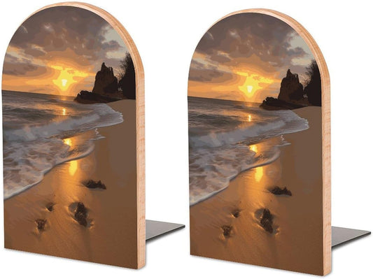 Sunrise Beach Wooden Bookend Non-Slip Book Ends Heavy Duty Book Stopper with Metal Base Books Holderd Decorative Bookends Stands Firmly for Office Supplies