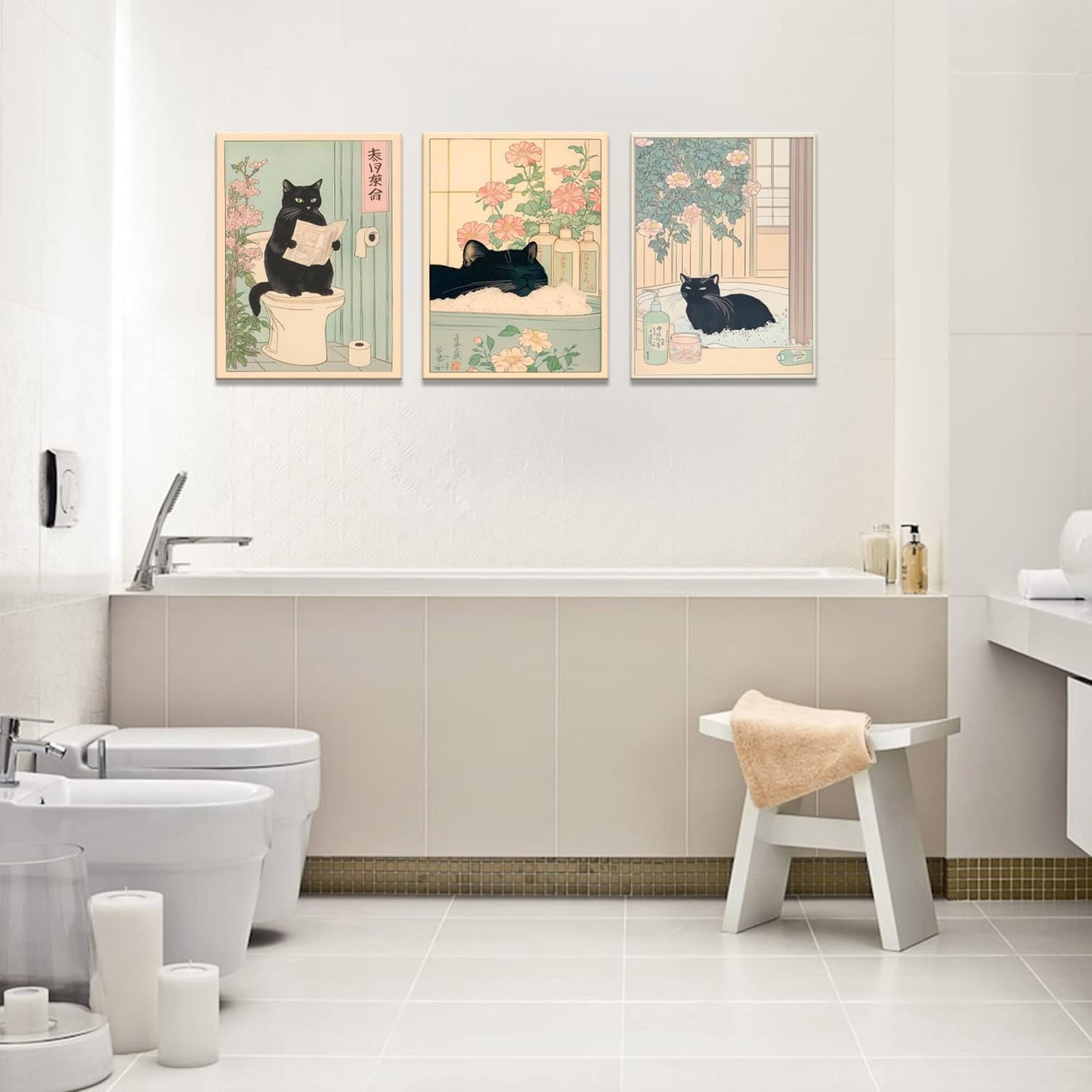 Funny Bathroom Wall Art Set of 3, Japanese Cute Black Cat Wall Decor Paintings, Rustic Animal Pictures Canvas Prints Home Decor for Bathroom Toilet, 12x16 inch Framed