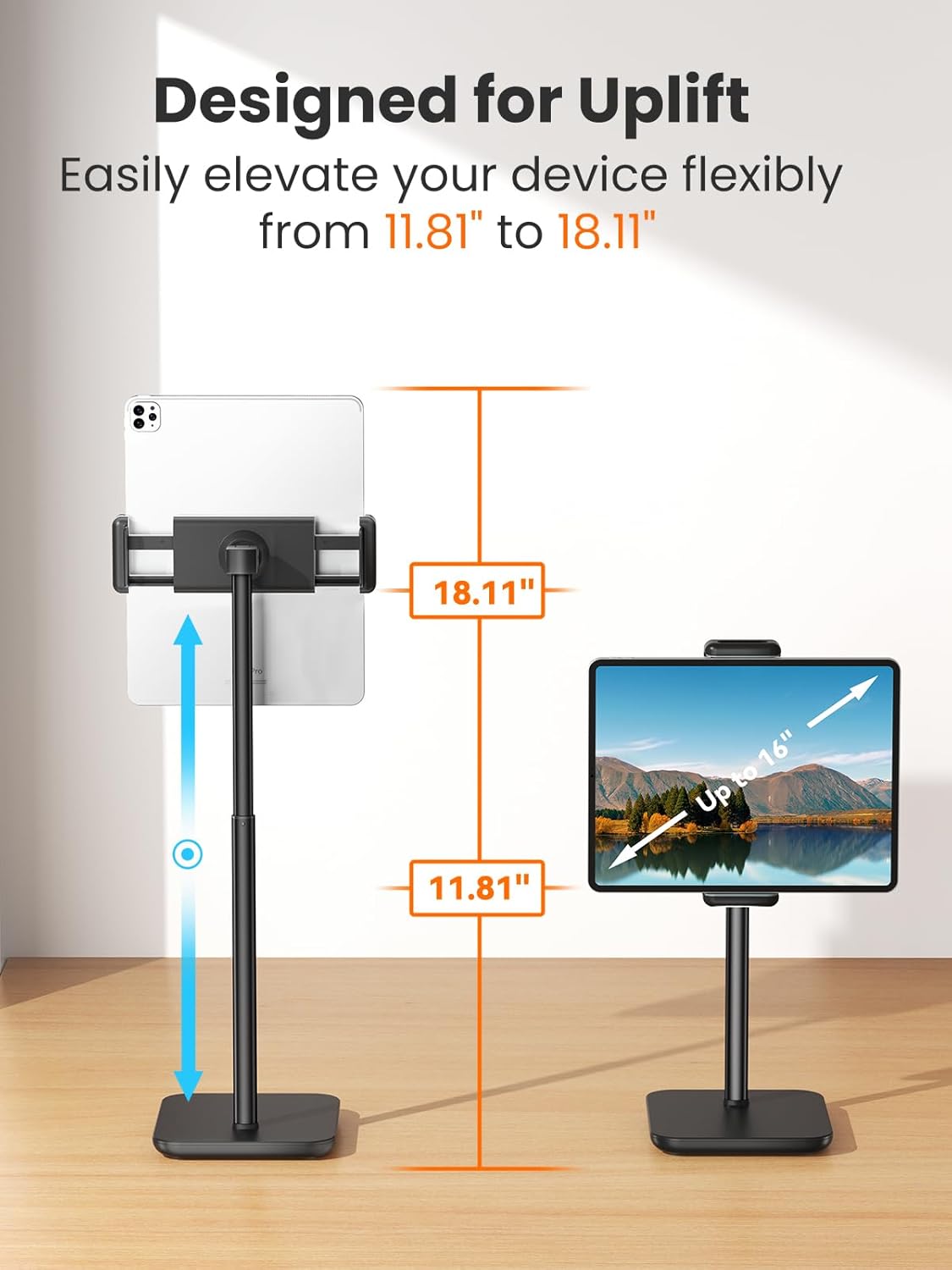 tounee Tablet Holder Stand, Portable Monitor Stand- 4.4lb (2kg) Holding Strength, Height Adjustable Up to 18.11" Compatible withs iPad, Kindle, Portable Monitor, All 4.7"-16" Devices - Black