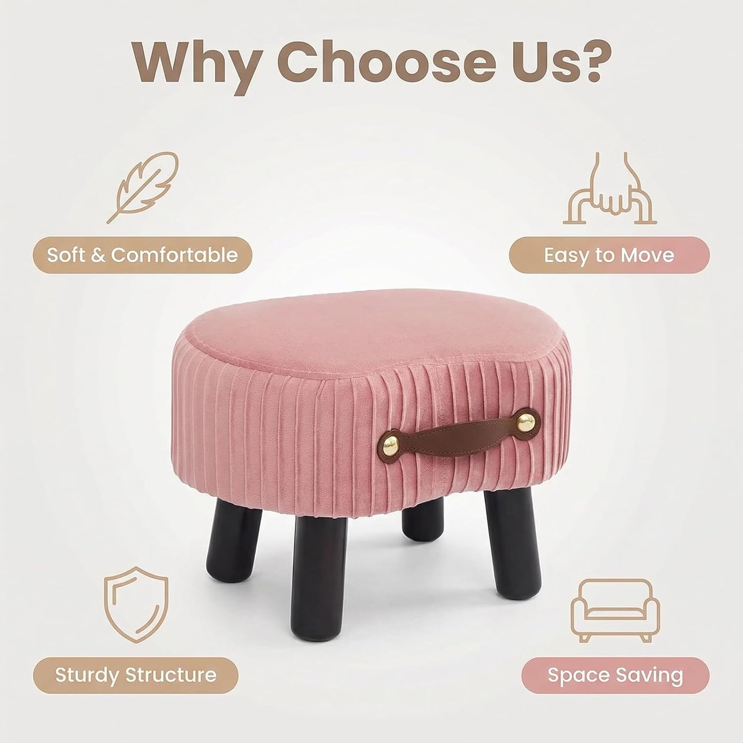 Small Footstool with Handle, Velvet Ottoman Foot Rest with Padded Seat, Curved Foot Stool with Wooden Legs, Portable Foot Rest for Living Room, Bedroom, Entryway, Pink