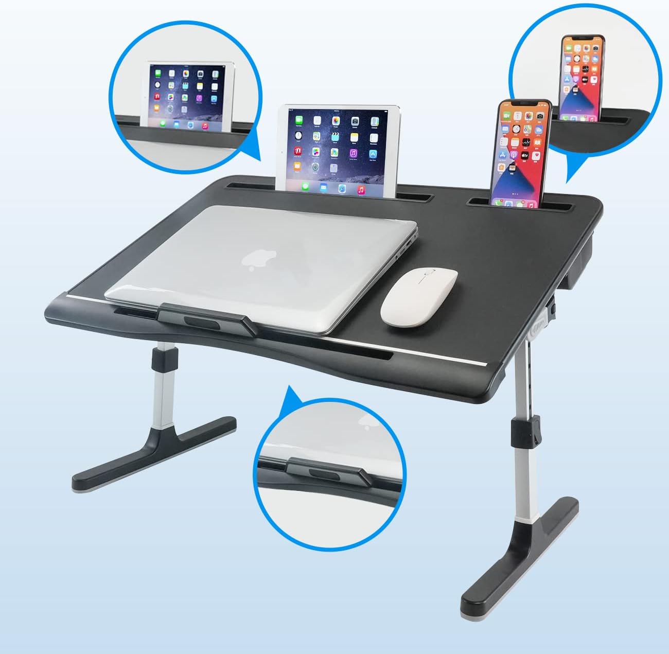 KLEAR Laptop Bed Tray Table [Luxury PVC Leather], Adjustable Laptop Desk for Bed, Foldable Lap Desk with 2 Drawers, Multifunctional Lap Table for Working, Eating, Writing, Gaming, Drawing (Black)