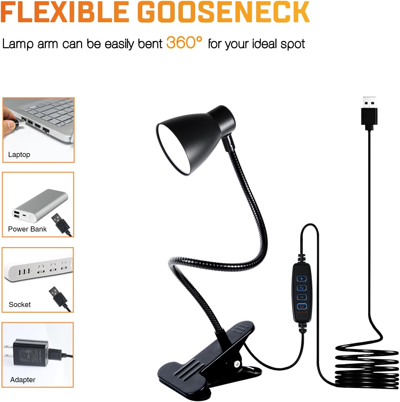 CRI 90+ Clip on Reading Light, Small Clamp on Desk Lamp, 3000K-6500K Adjustable Color Temperature, Gooseneck Bed Clip Light for Headboard(Adapter Included)