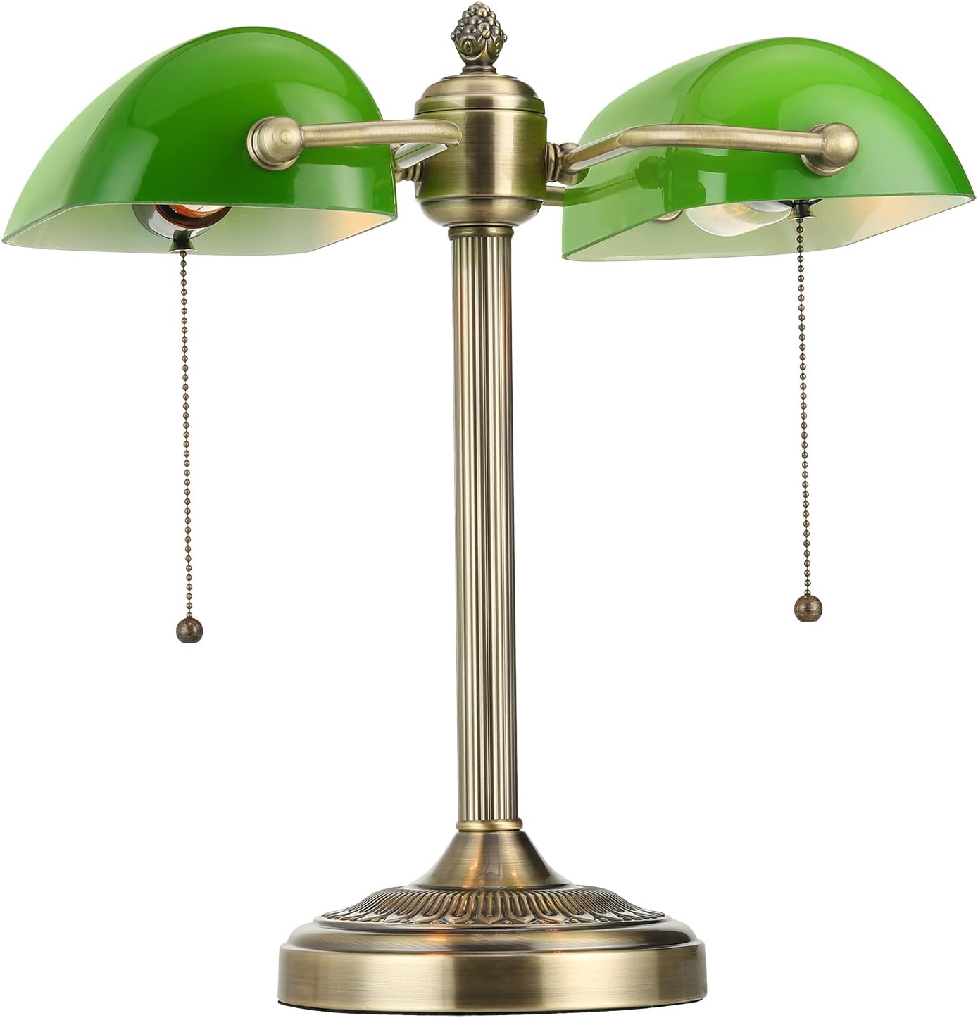 Newrays Green Double Head Glass Bankers Desk Lamp with Pull Chain Switch Plug in Fixture for Library, Office, Cafe