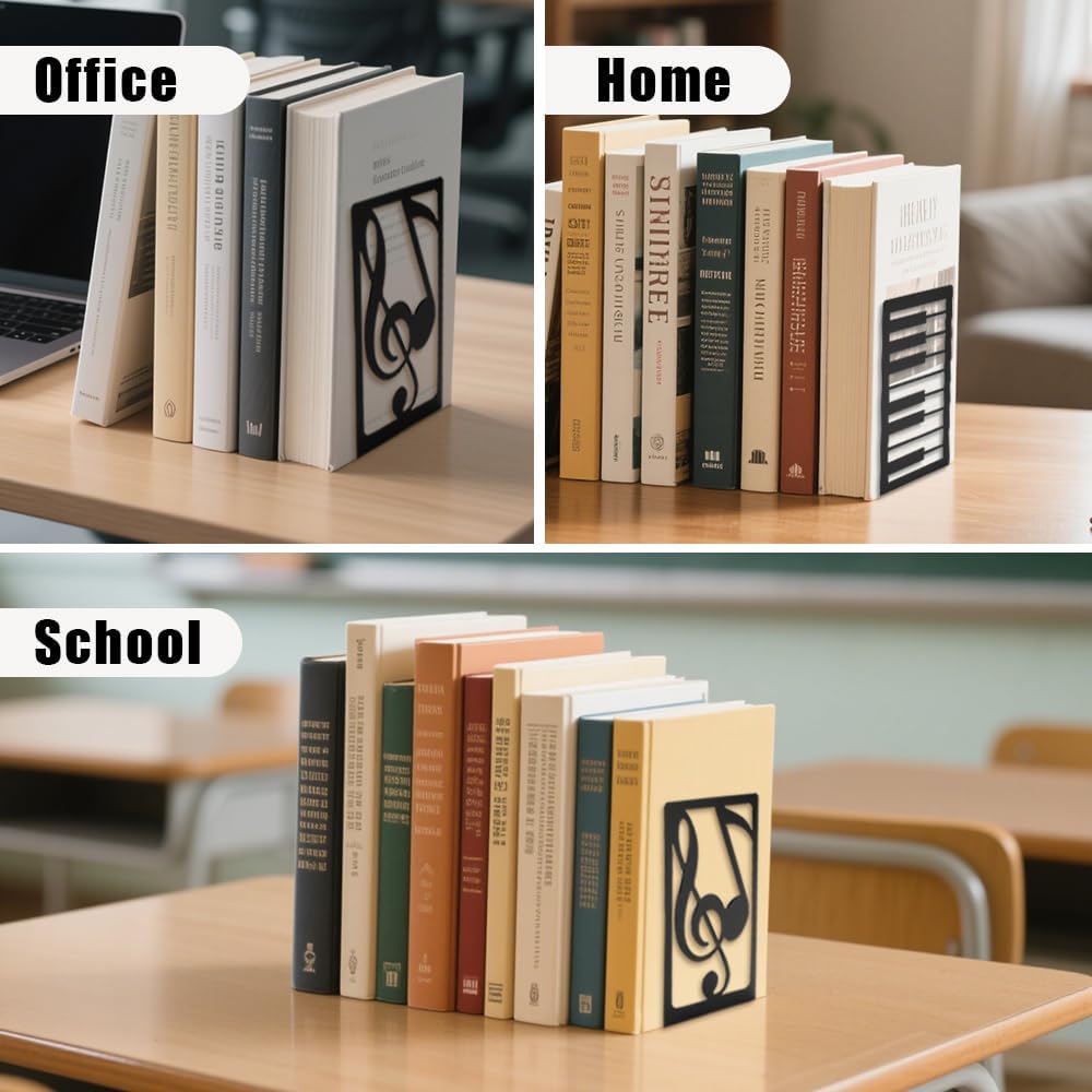 3 Pairs Book Ends Metal Bookends for Shelves, Decorative Bookends for Heavy Books Non-Skid Musical Note Bookshelf Holder, Book Stopper Bookshelf Decor for Family, Office and School