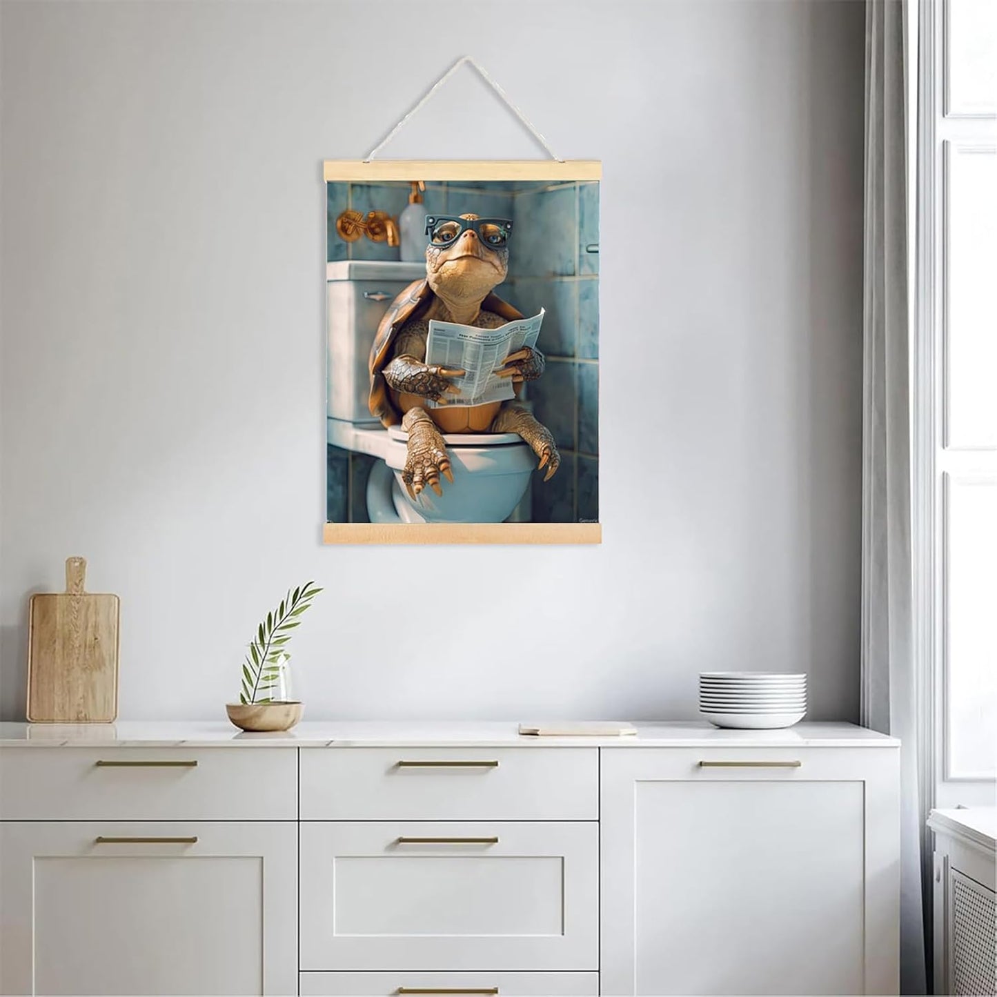 Turtle Reading Newspaper on Toilet Cute and Funny Tortoise Poster, Cute Wall Decor, Gift for Animal Lovers, Bathroom and Toilet Decor 12x16inch Framed
