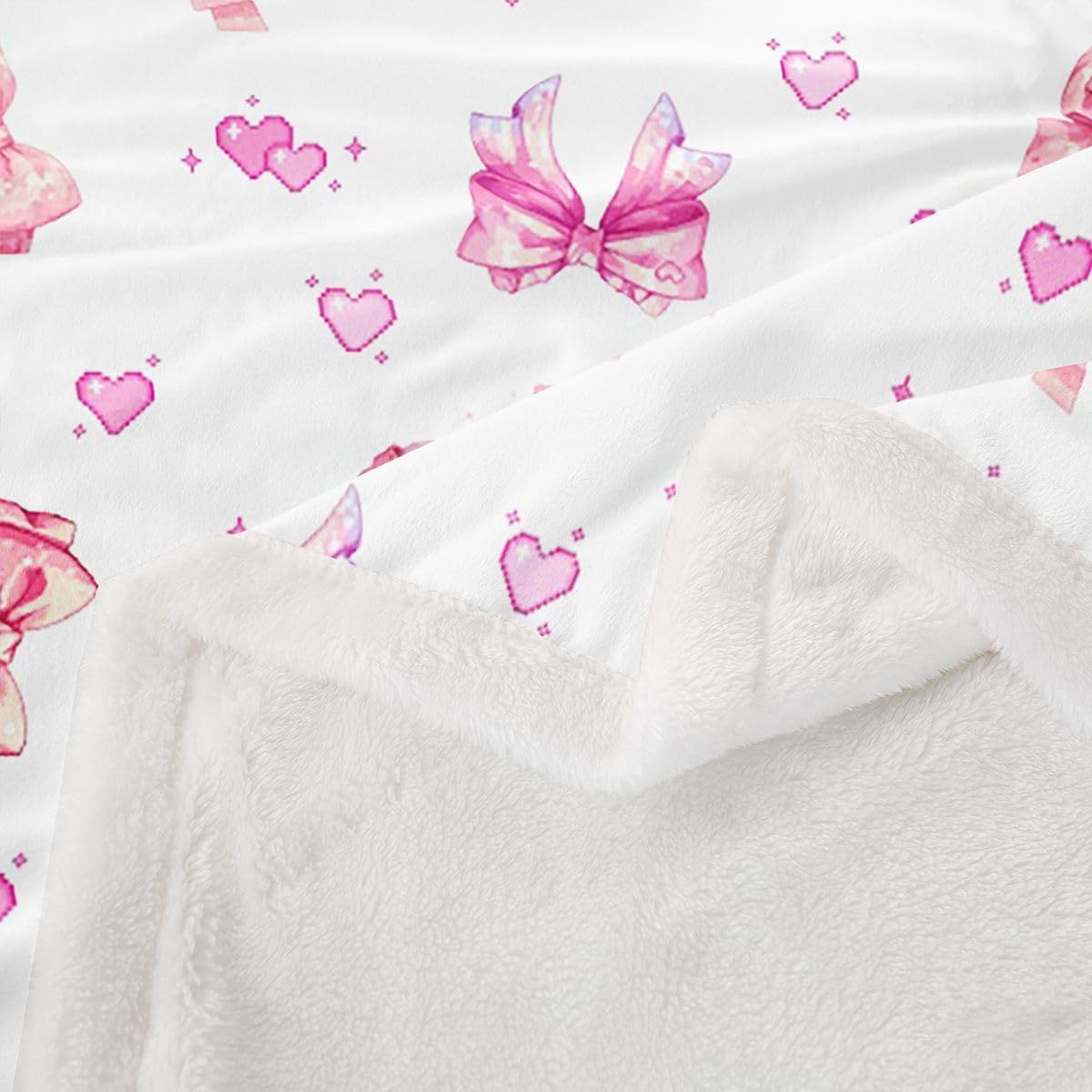 Castle Fairy Bowknot Love Kids Throw Blanket,Cartoon Bow Tie Hearts Pattern Bed Blanket,Sweet Romantic Aesthetic Girls Boys Sofa Decor,Pink and White Fuzzy Blanket,Queen Size (90 x 90 Inches)