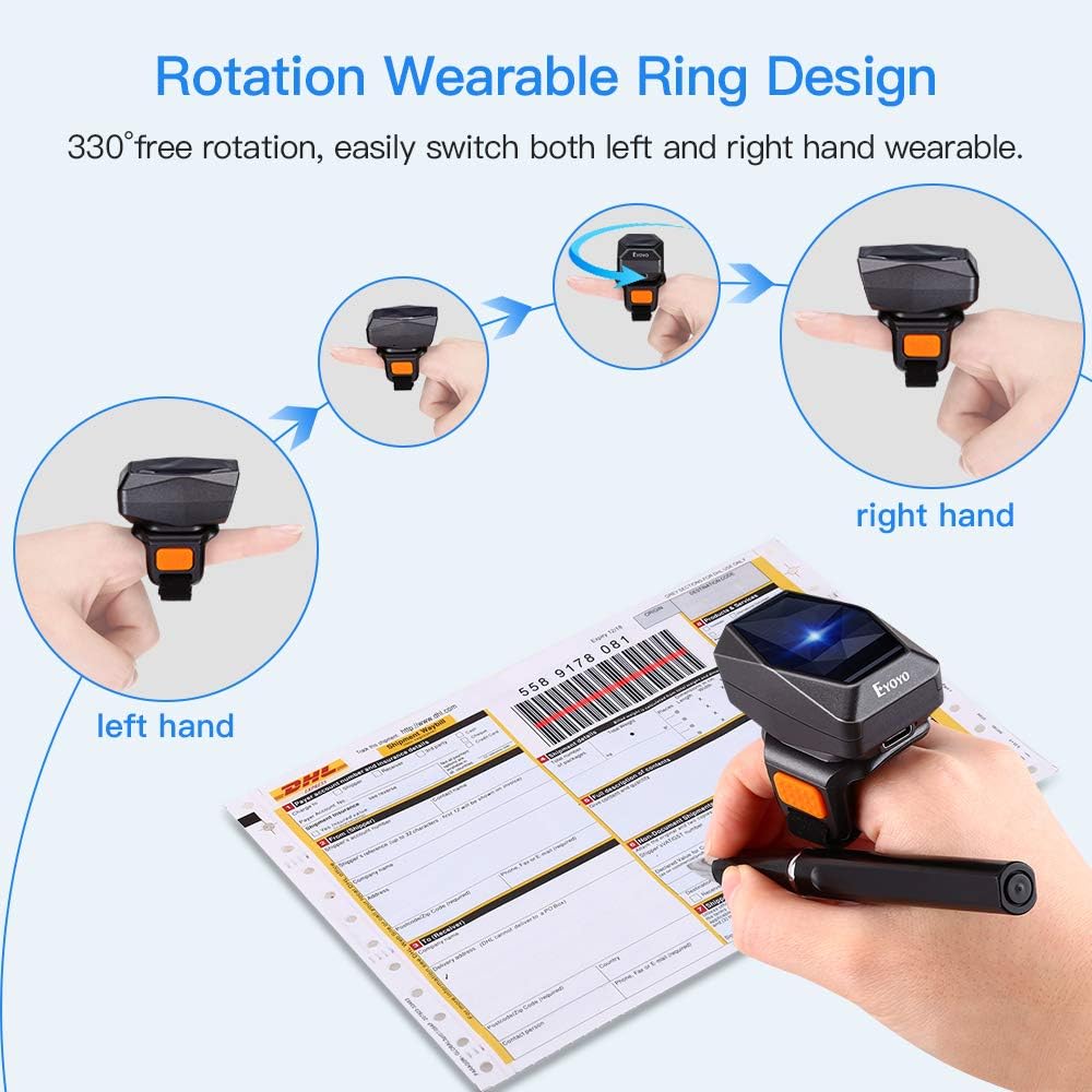 Eyoyo 1D Bluetooth Wearable Ring Barcode Scanner, Portable Bar Code Reader with 2.4GHz Wireless & USB Wired Connection Compatible with iPhone iPad Android iOS, for Book, Warehouse Inventory, Express