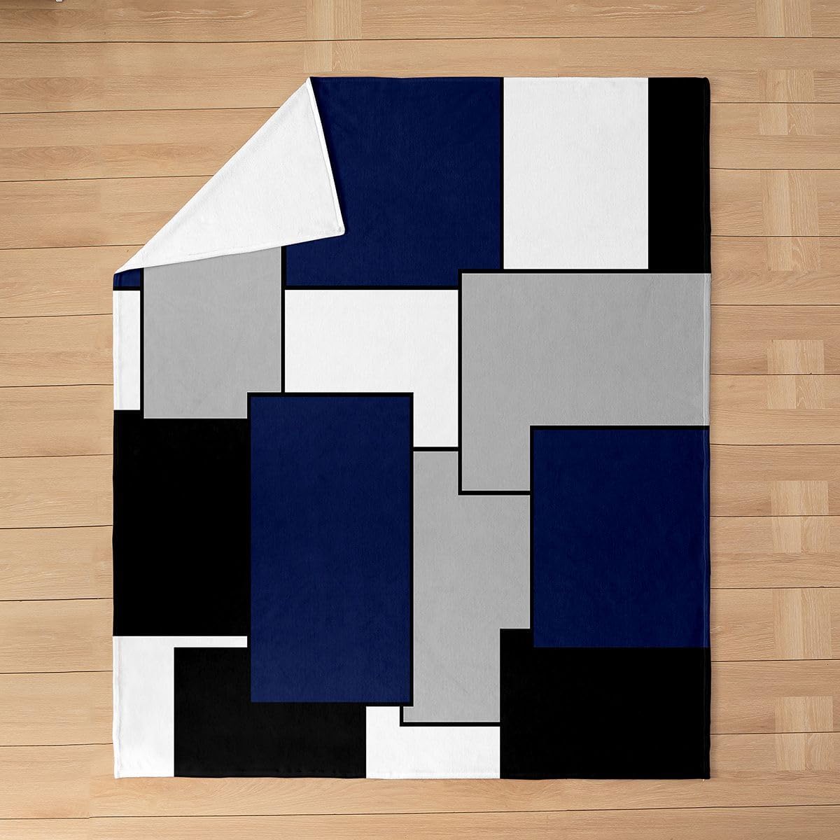 Feelyou Kids Navy Blue Geometric Plush Throw Blanket - Modern Square Art Decor Flannel Fleece Blanket - Geometric Fuzzy Throw - 50"x60"