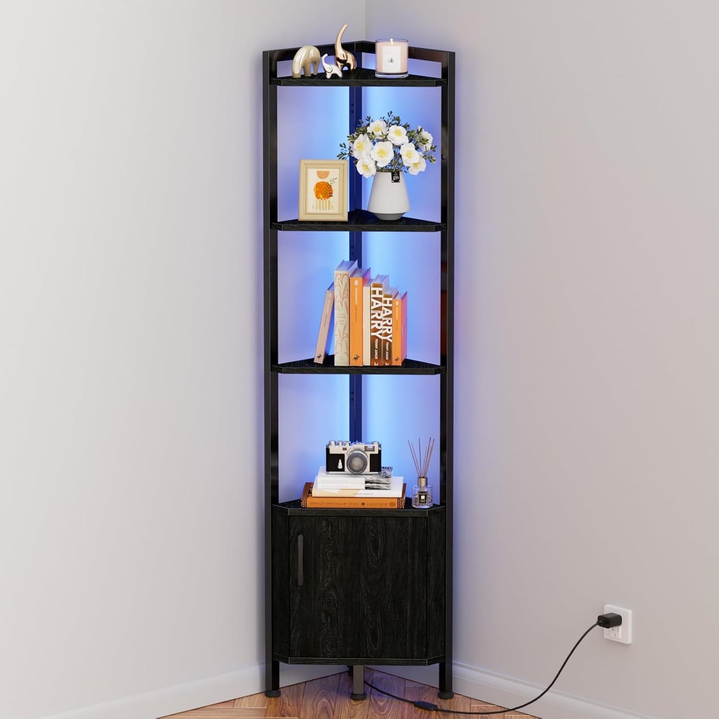 Furnulem Corner Shelf,5-Tier Corner Cabinet with Storage and LED Light, 62.8” Standing Display Bookshelf for Bedroom, Living Room, Kitchen, Wood Display Shelf (Black Oak) | with Storage, LED Light, for Bedroom, Living Room, Kitchen