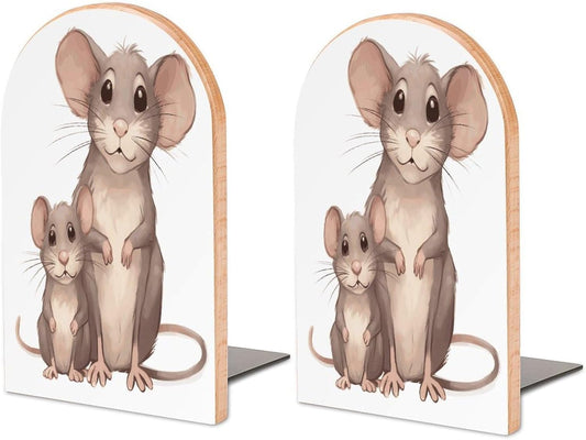 Non-Slip Bookend for Shelves Mother and Child Rats Wooden Bookends with Metal Base Decorative Book Stopper for Home Heavy Duty Wood Book Storage for Books/CDs