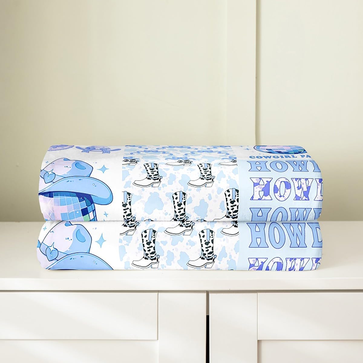 Cowgirl Boots Kids Flannel Blanket,Bow-tie Bowknot Cowboy Hats Disco Ball Bed Blanket for Girls Women,Cow Fur Print Geometric Plaids Fleece Blanket,Blue Fuzzy Blanket,Throw Size (50 x 60 Inches)