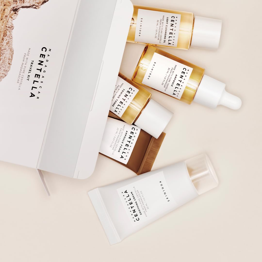 SKIN1004 Madagascar Centella Travel Kit, Toner, Ampoule, Soothing Cream, Cleansing Oil, Ampoule Foam, Basic Skincare Trial Kit Box , Gift Sets for Mom, Women & Mothers Day, Compact Size