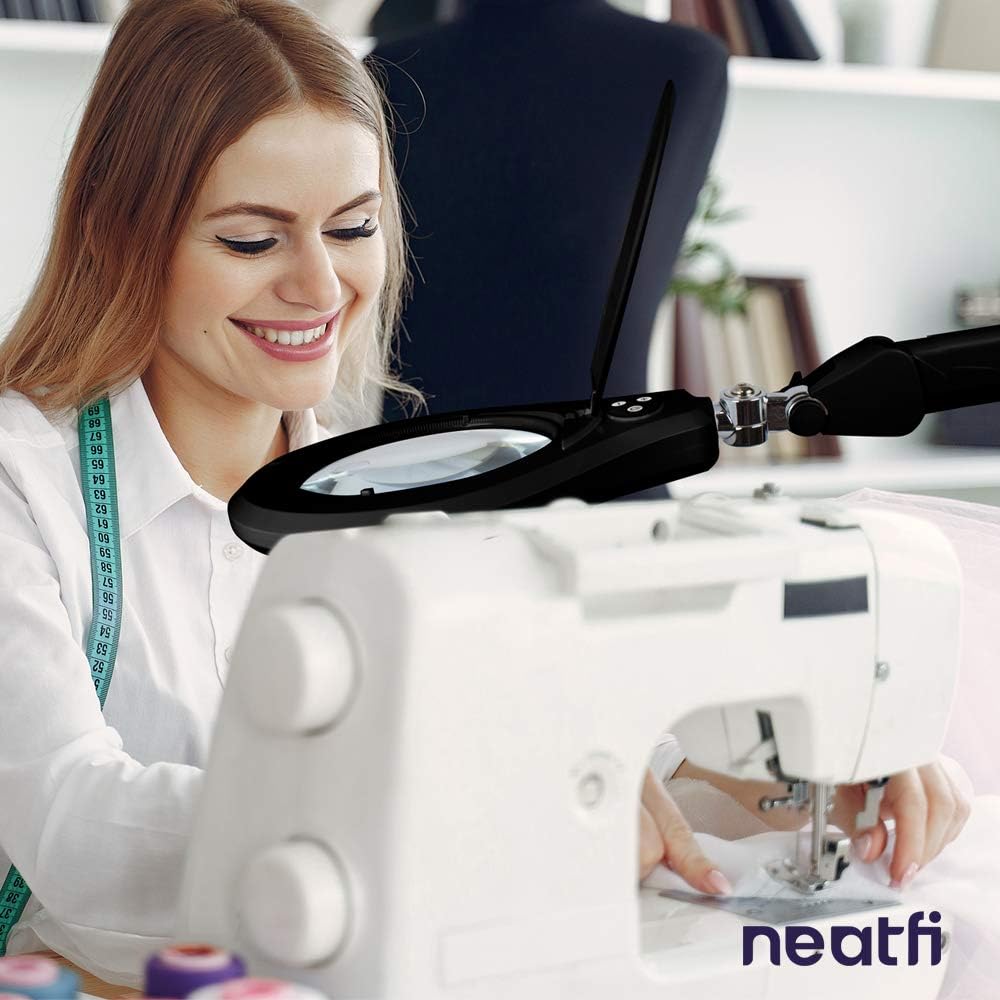 Neatfi Elite Super LED Magnifying Lamp with Clamp – 6” Glass Lens, 2.25X/4X Bifocal, 6500K Daylight | Glare-Free, Nonpolar Dimming | Reading, Crafting & Precision Work (Black, 6 Inch Glass Lens)
