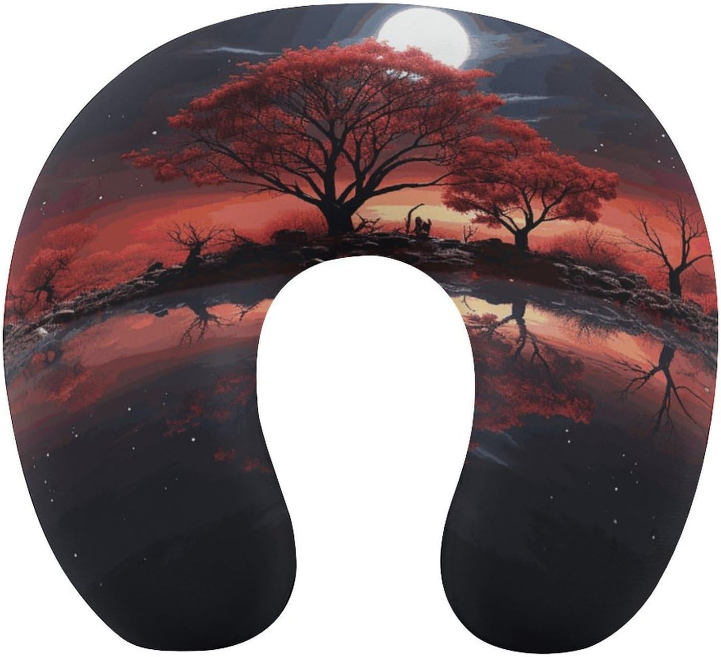 Red Tree Lake Moon Neck Pillow Memory Foam U Shaped Pillows Portable Pillows for Shoulder Travel Head Support Pillow with Concealed Zipper for Airplane Car Home Office
