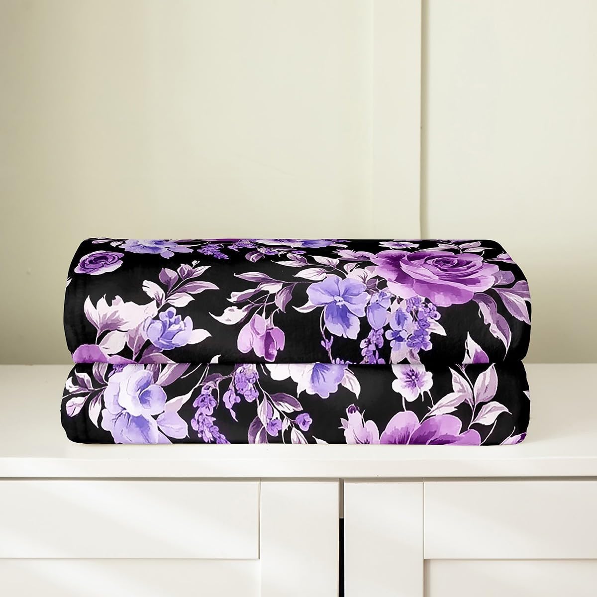 Erosebridal Rose Throw Blanket Twin, Exotic Purple Flower Floral Fleece Blanket for Bedroom Decor, Watercolor Botanical Flannel Blanket, Vintage Garden Leaf Fuzzy Blanket, Soft